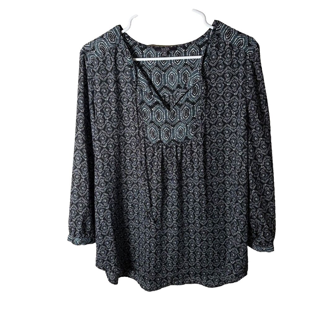 NYDJ Blouse Women's Medium V-Neck Lightweight 3/4 Sleeve Tie Casual Top